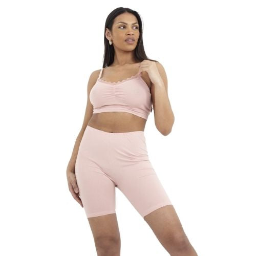 Ladies Vest And Cycling Shorts Lounge Set Pink