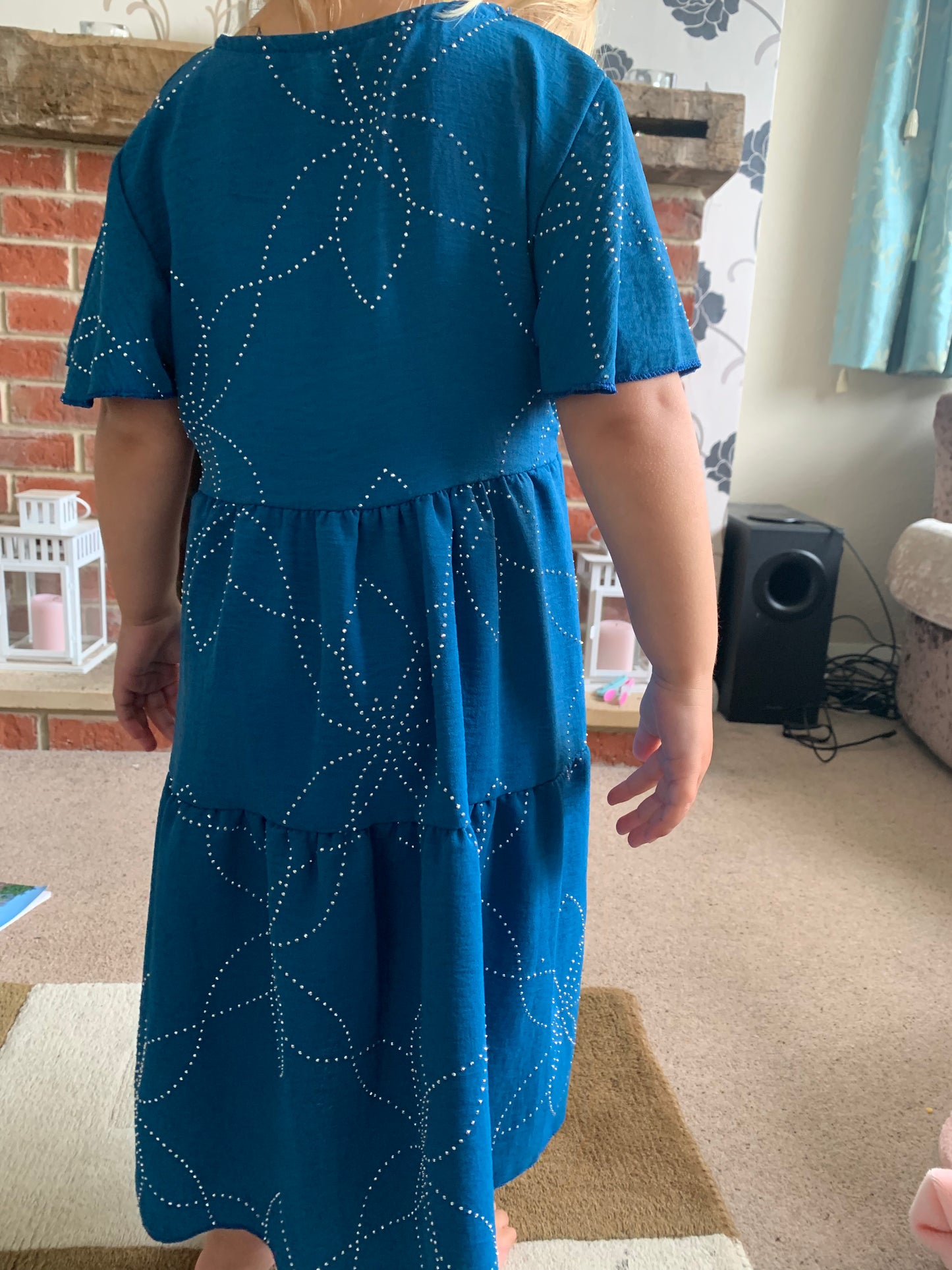 Girls Teal Blue Floral Sequin Dress