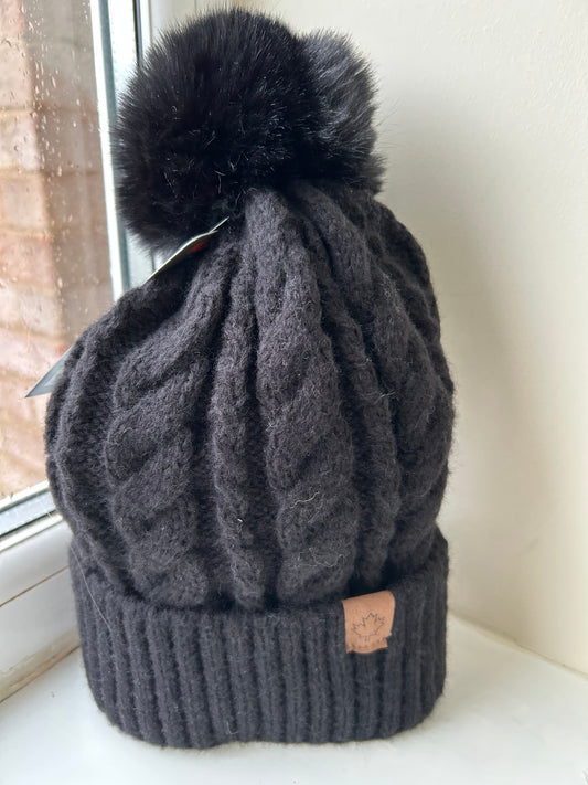 Ladies Thermal Lined Brushed Yarn Cable Kit Pom Pom Hat