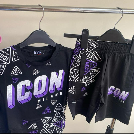 Boys Black & Purple Icon Motif 2pc Short set