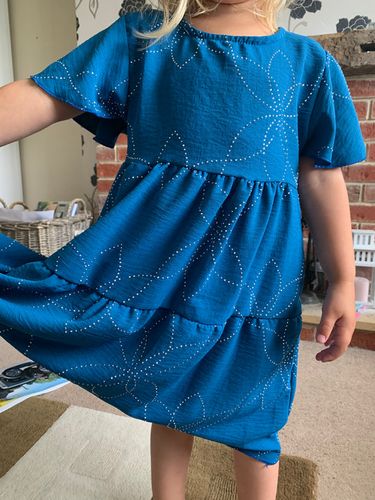 Girls Teal Blue Floral Sequin Dress